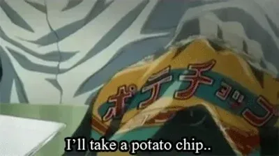 An animation showing Light Yagami from Death Note ominously plotting and eating a potato chip while scheming a plan and writing it down.