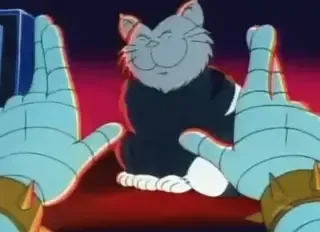 Dr. Claw from Inspector Gadget waving their hands around in joy in front of their cat, both of them reveling in some sort of vile plot unfolding to plan. 